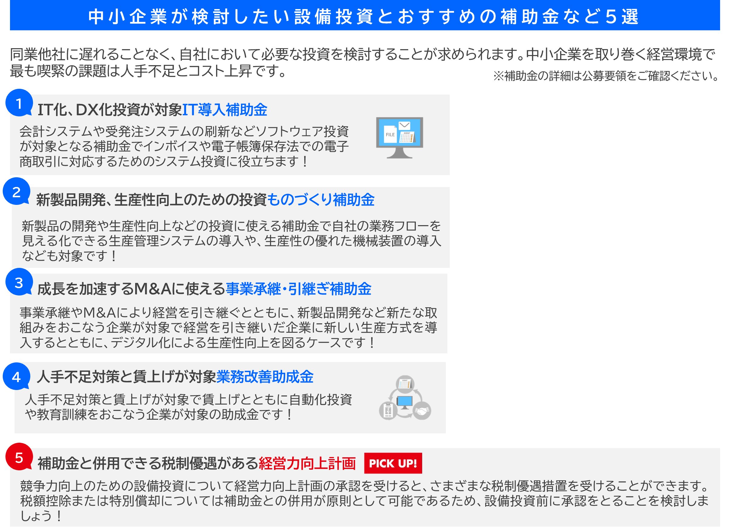 中小企業が検討したい設備投資とおすすめの補助金など5選